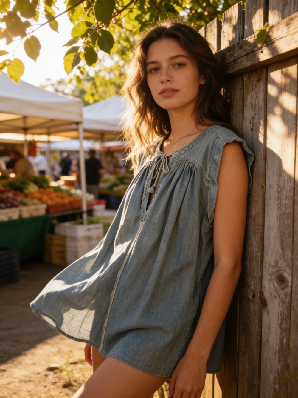 We The Free Light Blue Washed Denim Tie-Neck Mini Dress